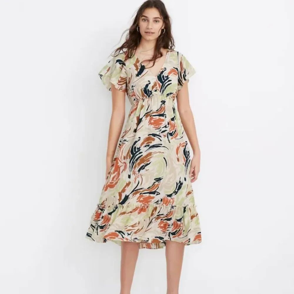 Madewell Flutter-Sleeve Ruffle-Waist Midi Dress